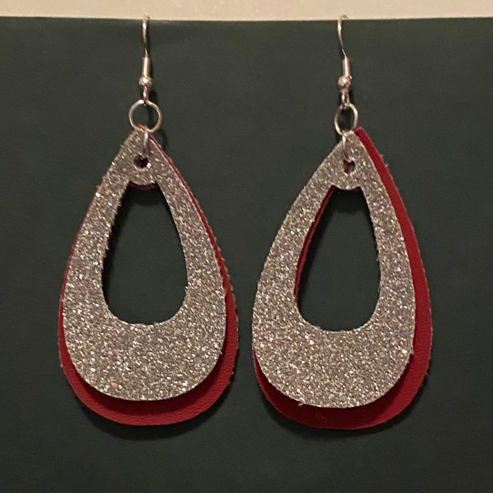 Handmade Faux Leather Earrings- Red & Silver